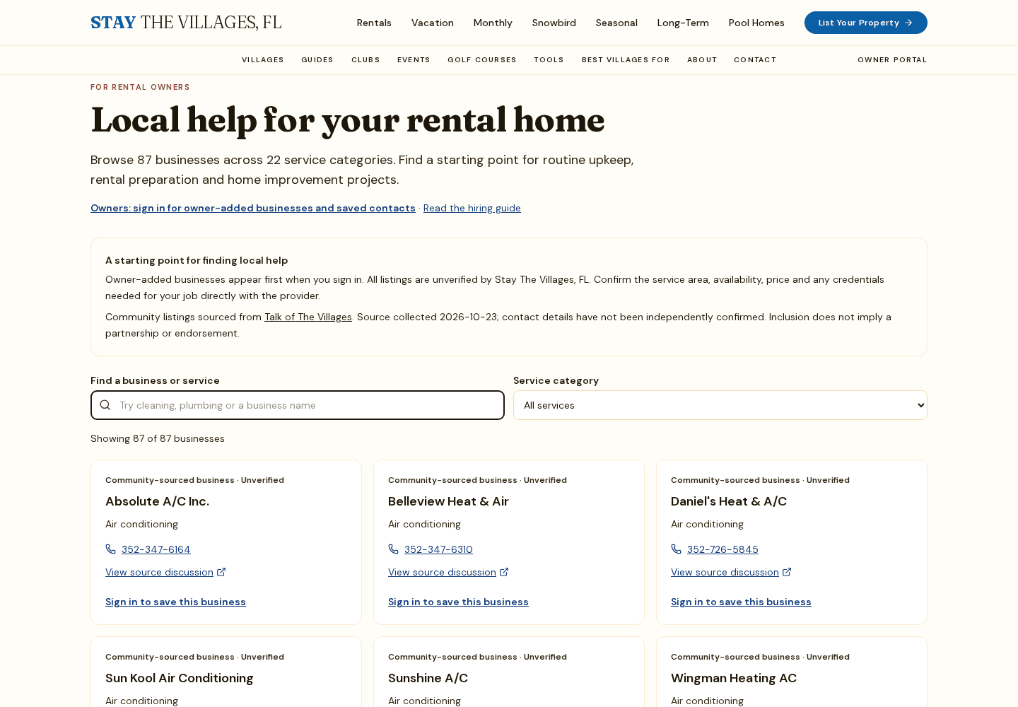 The Stay The Villages, FL directory showing service categories and unverified business contacts