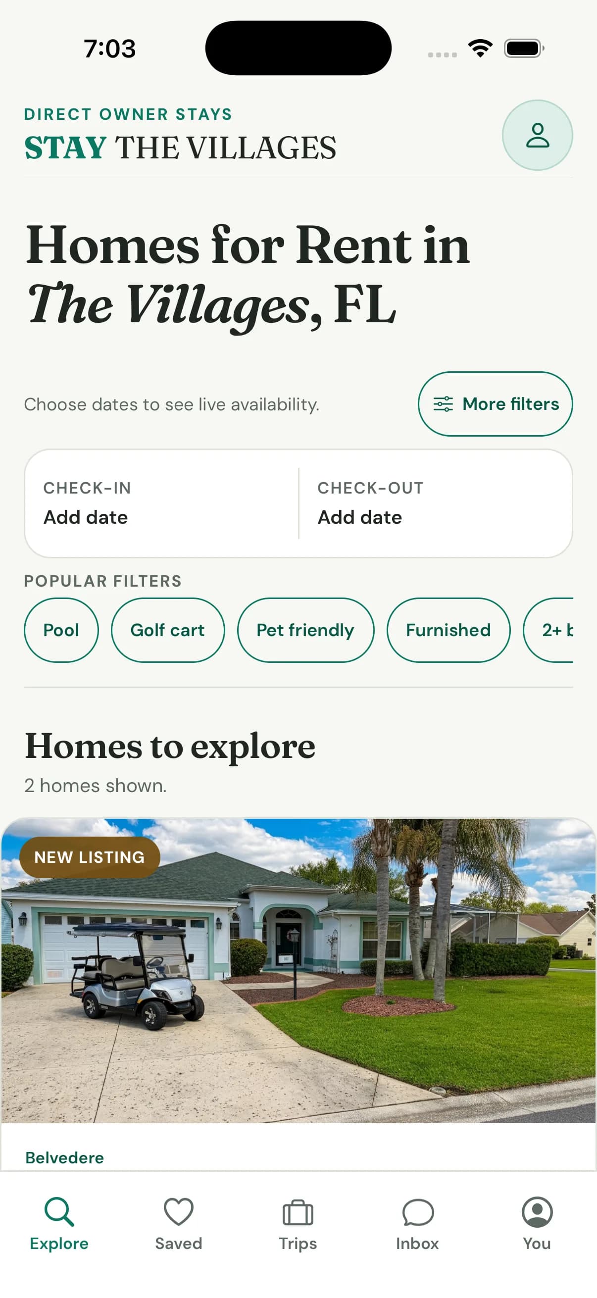 Stay The Villages iPhone app Explore screen with date filters and owner-direct rental homes